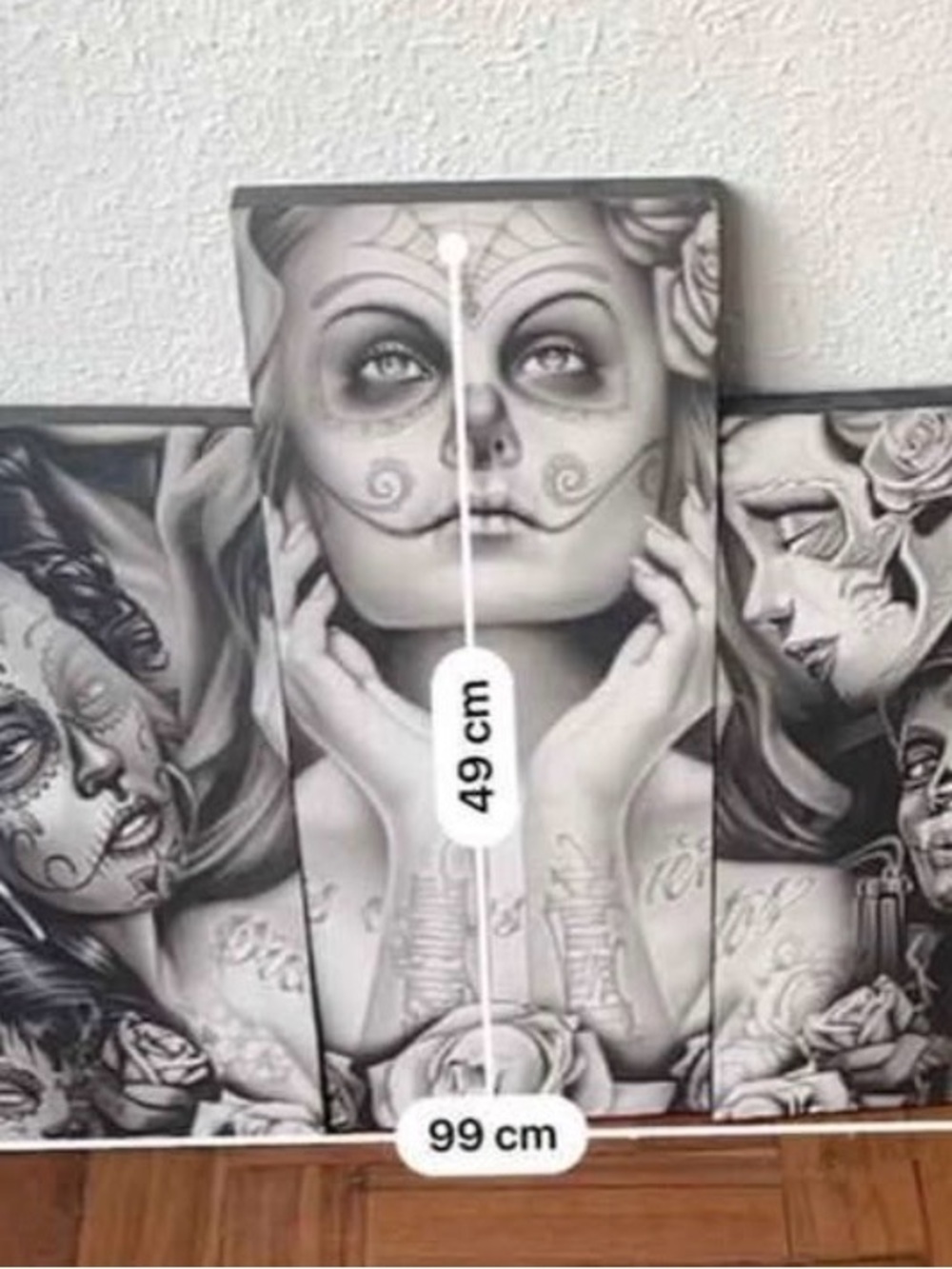 Black & White Day of the Dead Canvas Triptych - Sugar Skull Woman